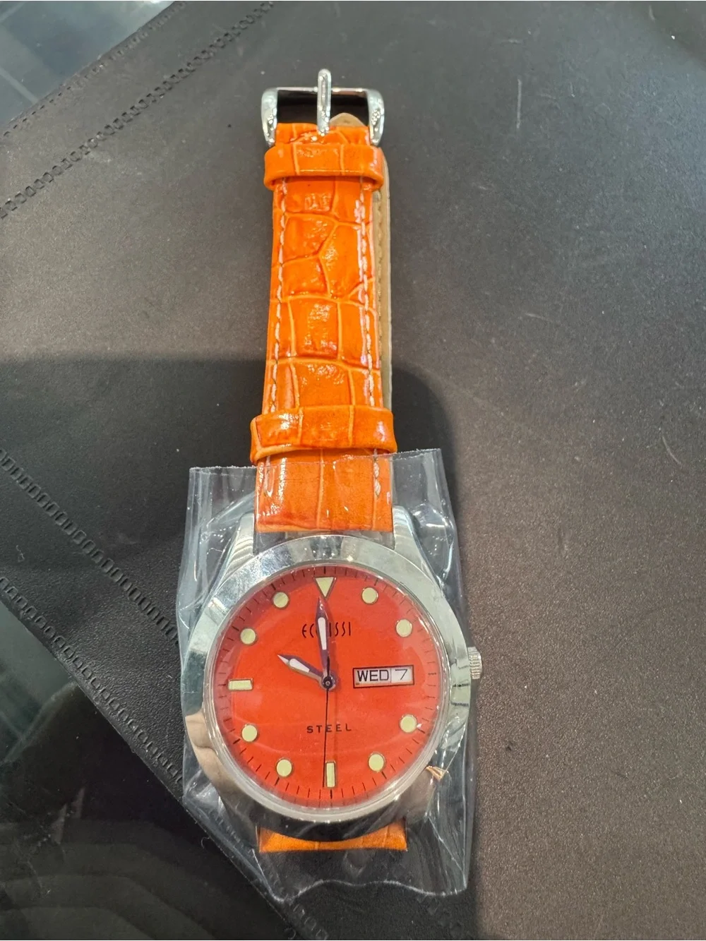 Ecclissi Orange Dial Stainless Steel Watch Croc Embossed Leather Strap Day Date
